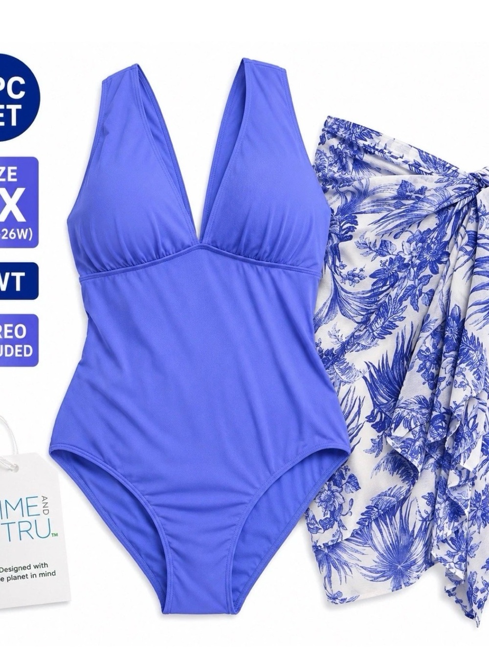 Time & Tru 3X One Piece Swimsuit Pareo Set Peri Pop Blue NWT